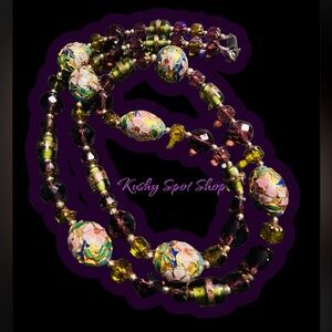 Antique Floral Cloisonné w/ Amethyst/Peridot Faceted Beads 💜💛❇️✨ neck. Set 😍